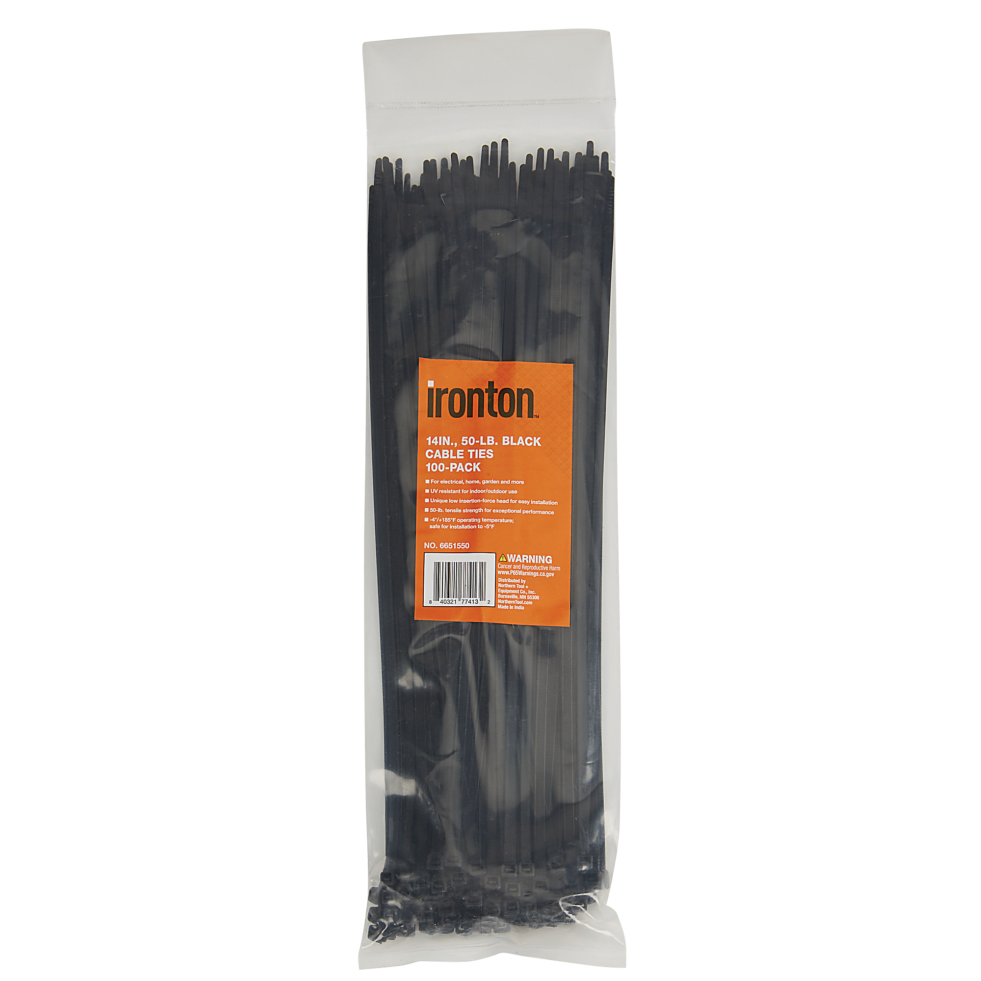 Ironton Cable Ties, 14in., 50-Lb. Tensile Strength, Black, 100-Pk.